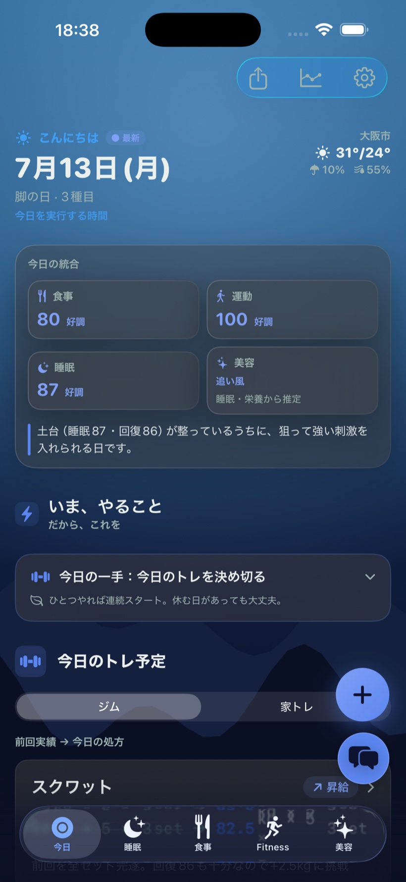 Tonoa の今日タブ。7月13日（月）・脚の日。今日の統合として食事80・運動100・睡眠87・美容は追い風、コーチの一言、今日の一手「今日のトレを決め切る」の表示