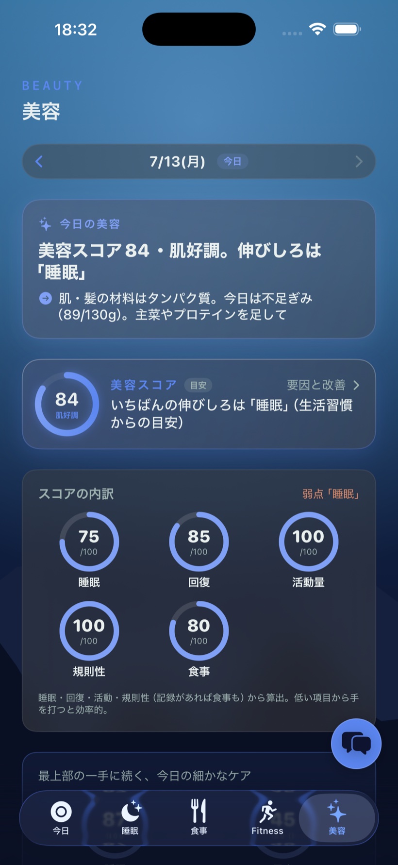 美容タブの画面。美容スコア84・肌好調と伸びしろ「睡眠」、肌・髪の材料になるタンパク質不足の指摘、睡眠・回復・活動量・規則性・食事の5項目の内訳リング